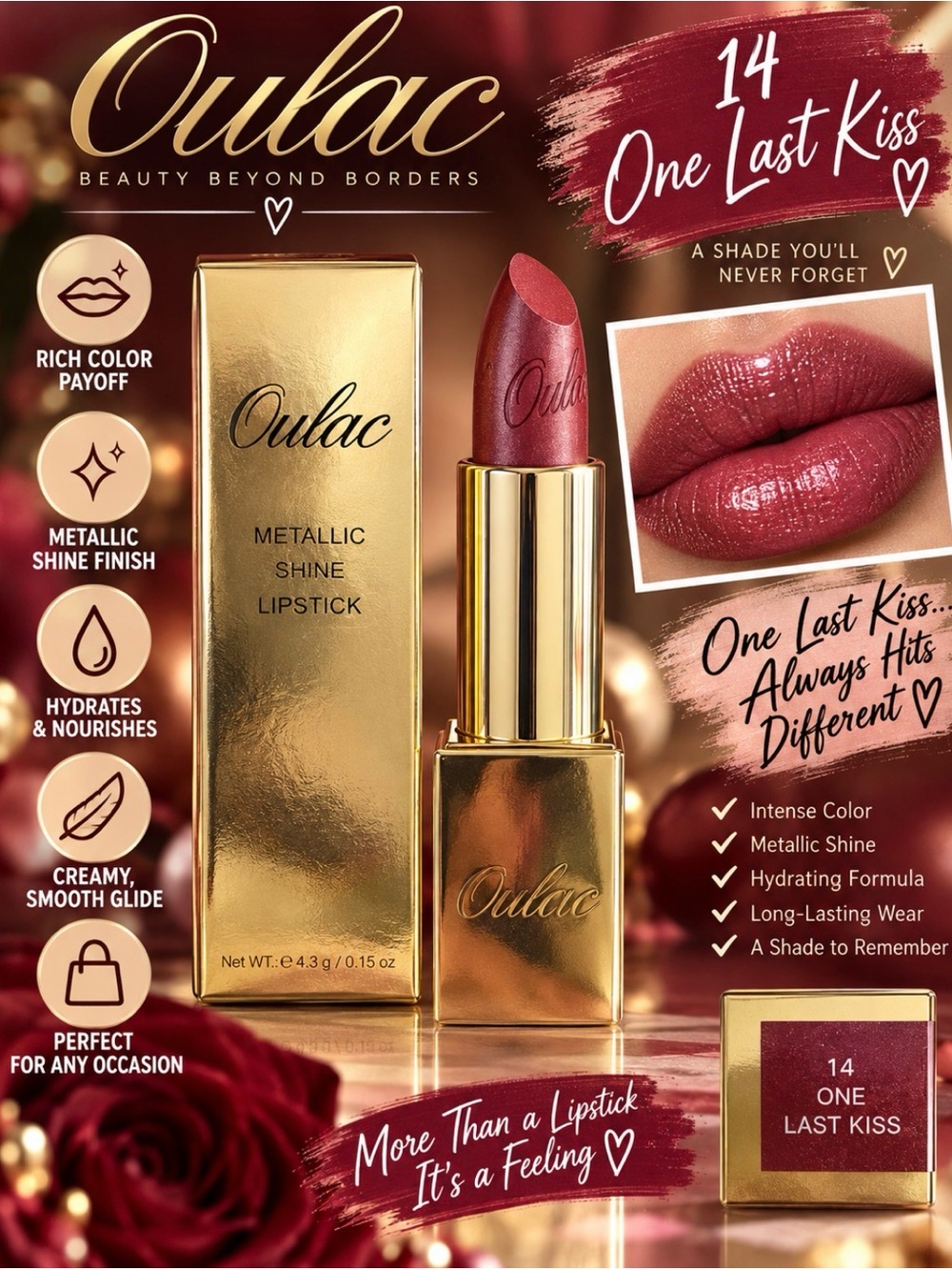 Oulac Metallic Shine Lipstick - 14 One Last Kiss